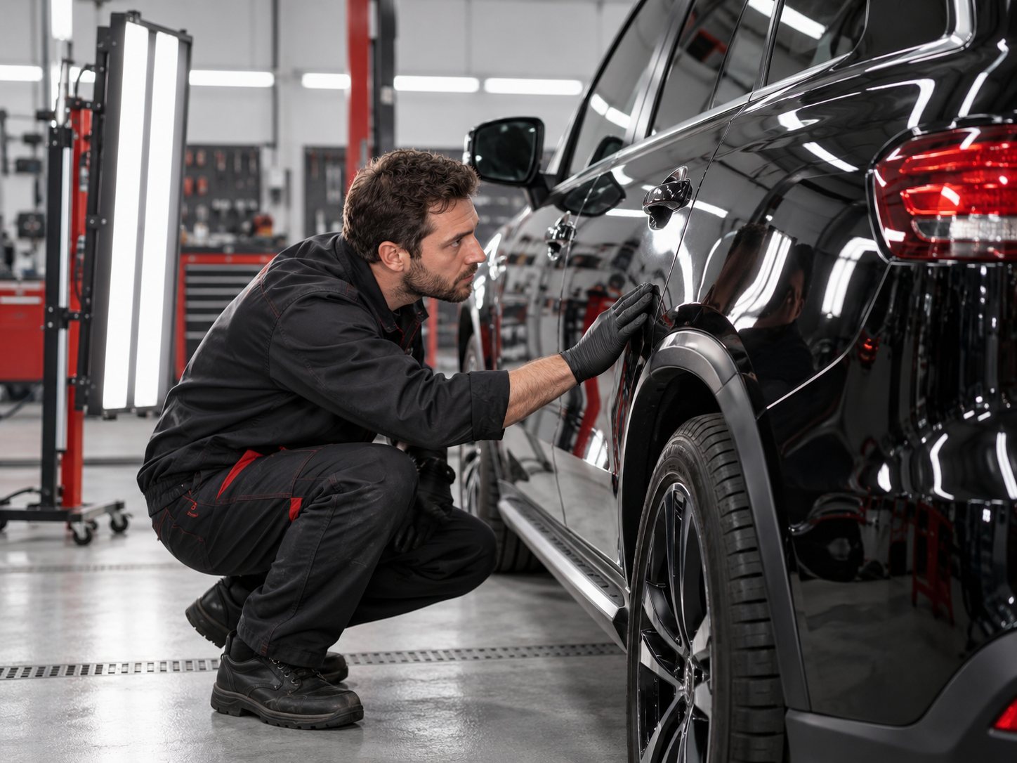 Technician closely examining a vehicle’s body panel in a professional workshop