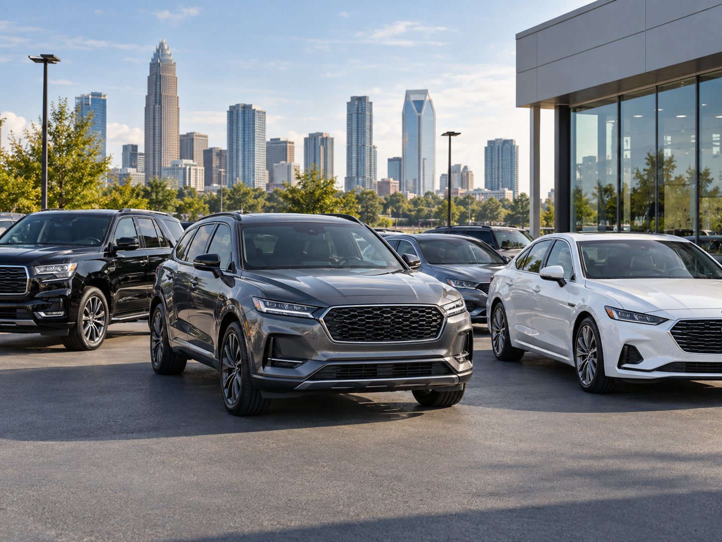 Vehicle lineup with a city skyline